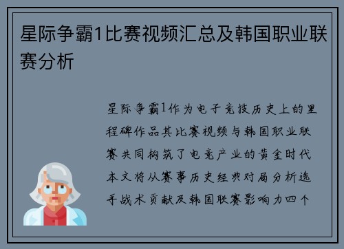 星际争霸1比赛视频汇总及韩国职业联赛分析